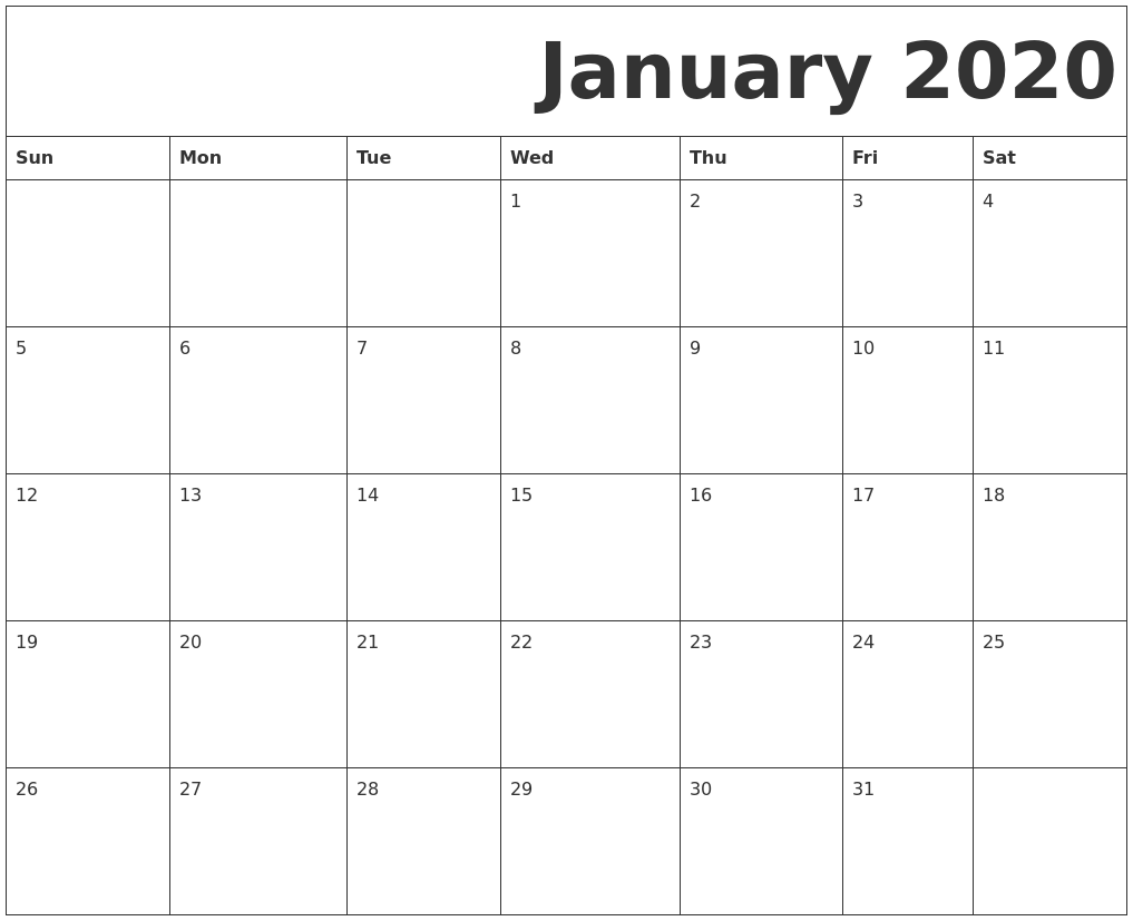 January Calendar Printable 2020