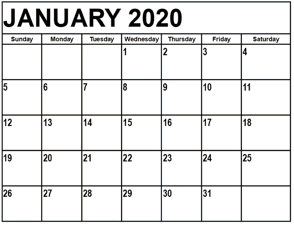 January Calendar Printable 2020