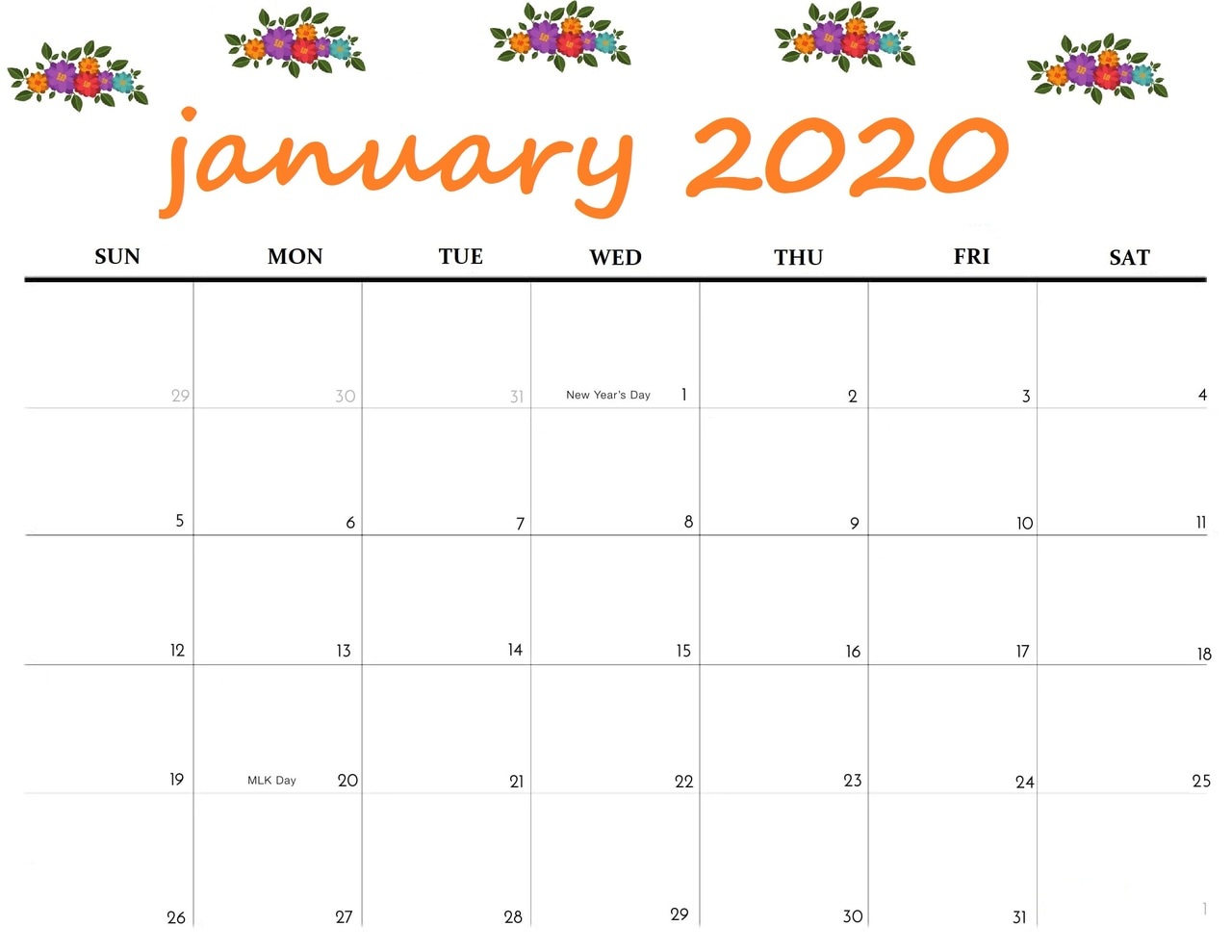 January Calendar Blank 2020