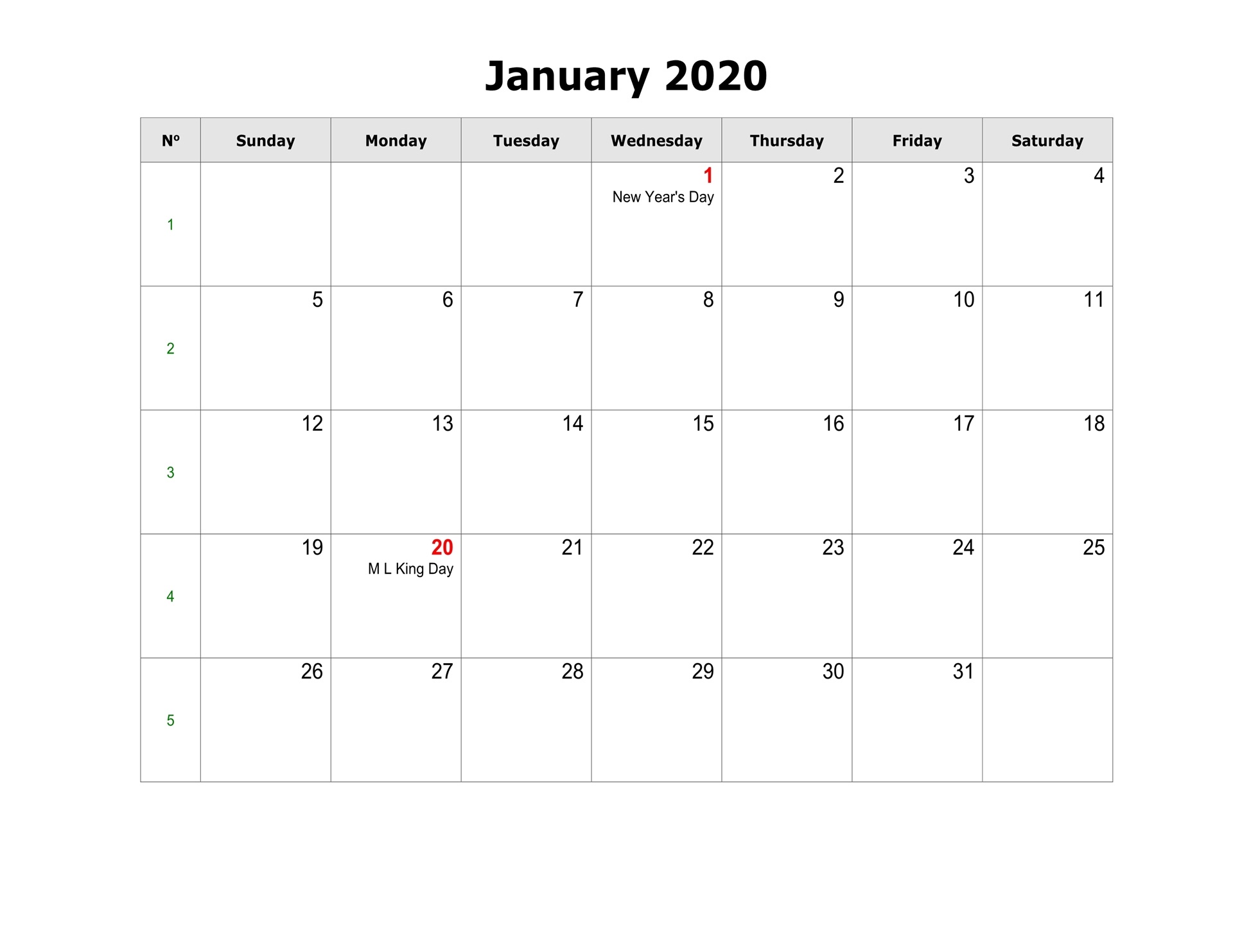 January Calendar Printable 2020