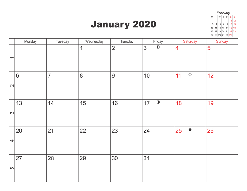 January Calendar Printable 2020