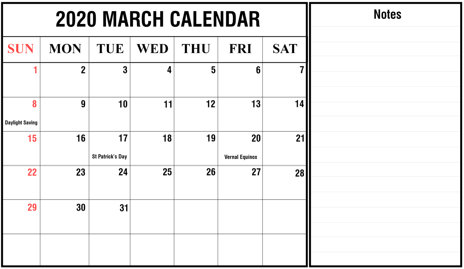 March 2020 Printable Calendar