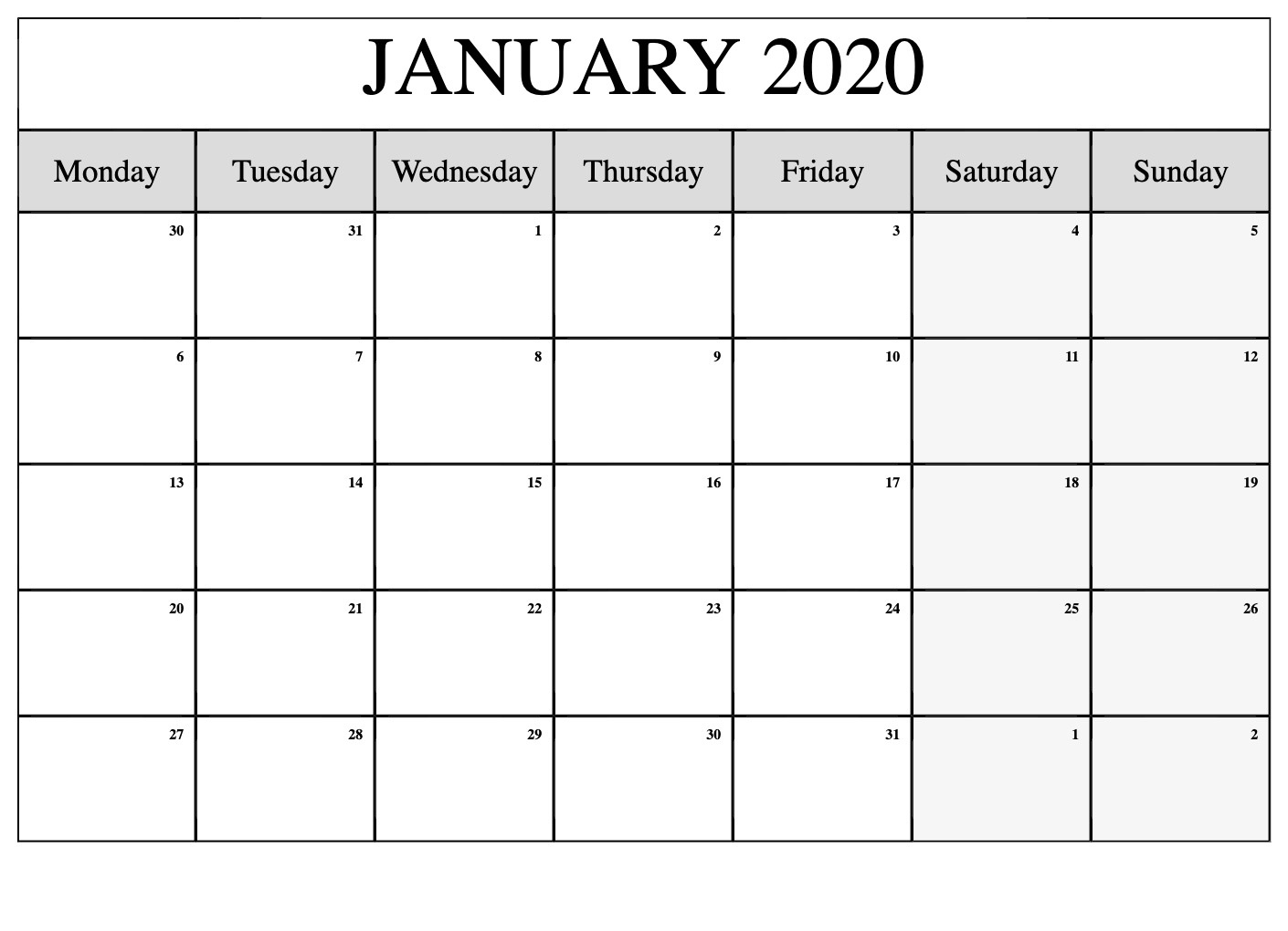 Blank January 2020 Calendar