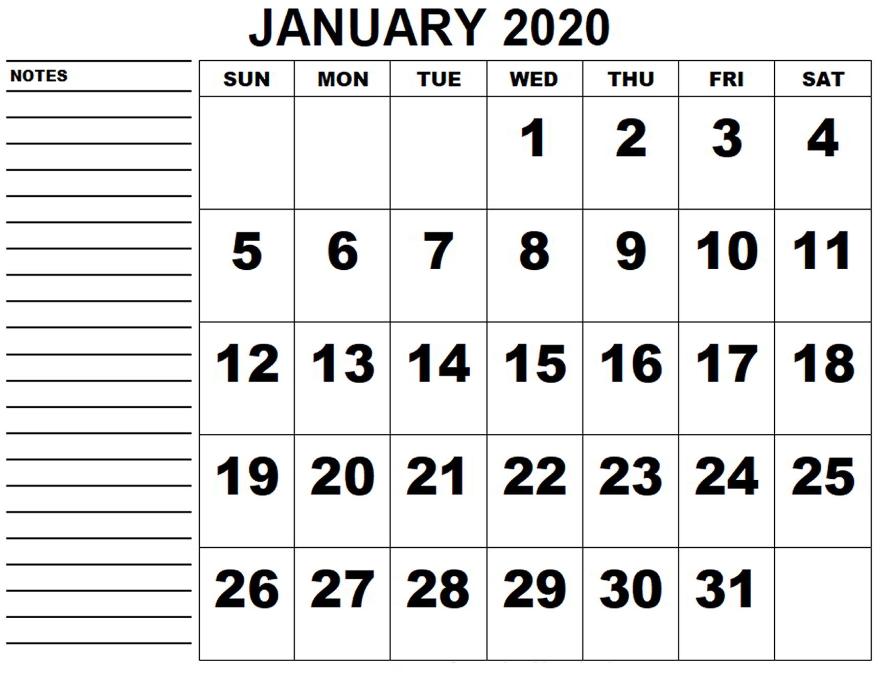 Printable Calendar January 2020