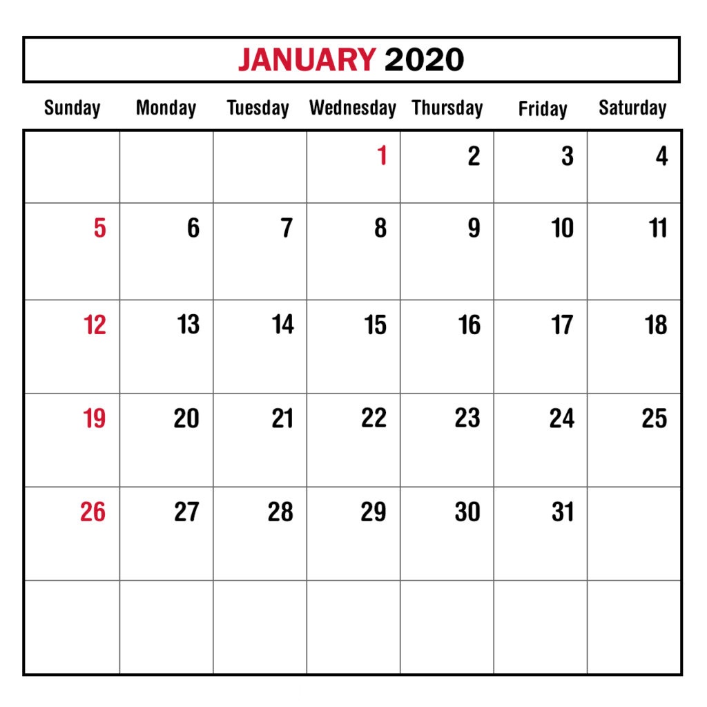 Printable Calendar January 2020