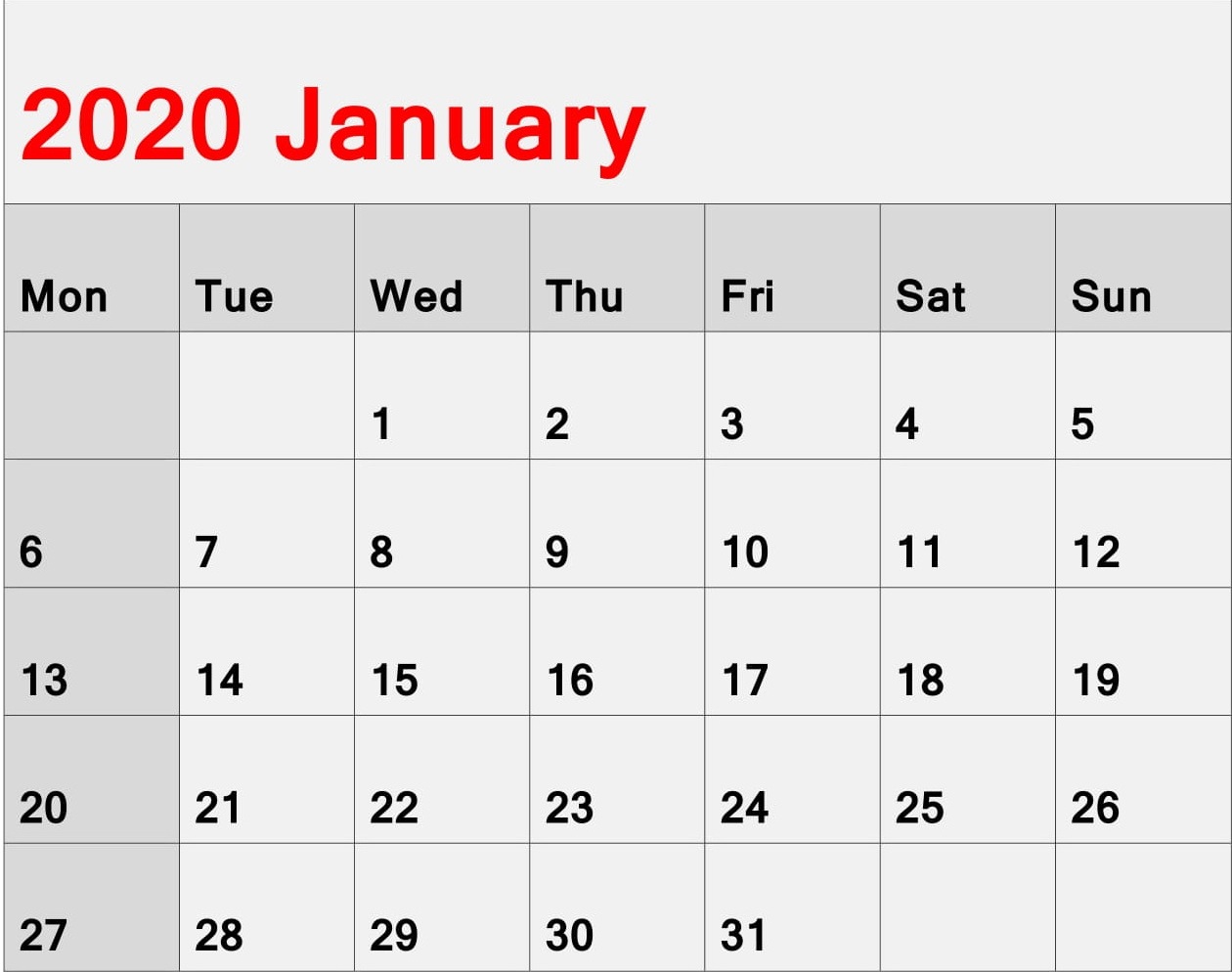 Printable Calendar January 2020