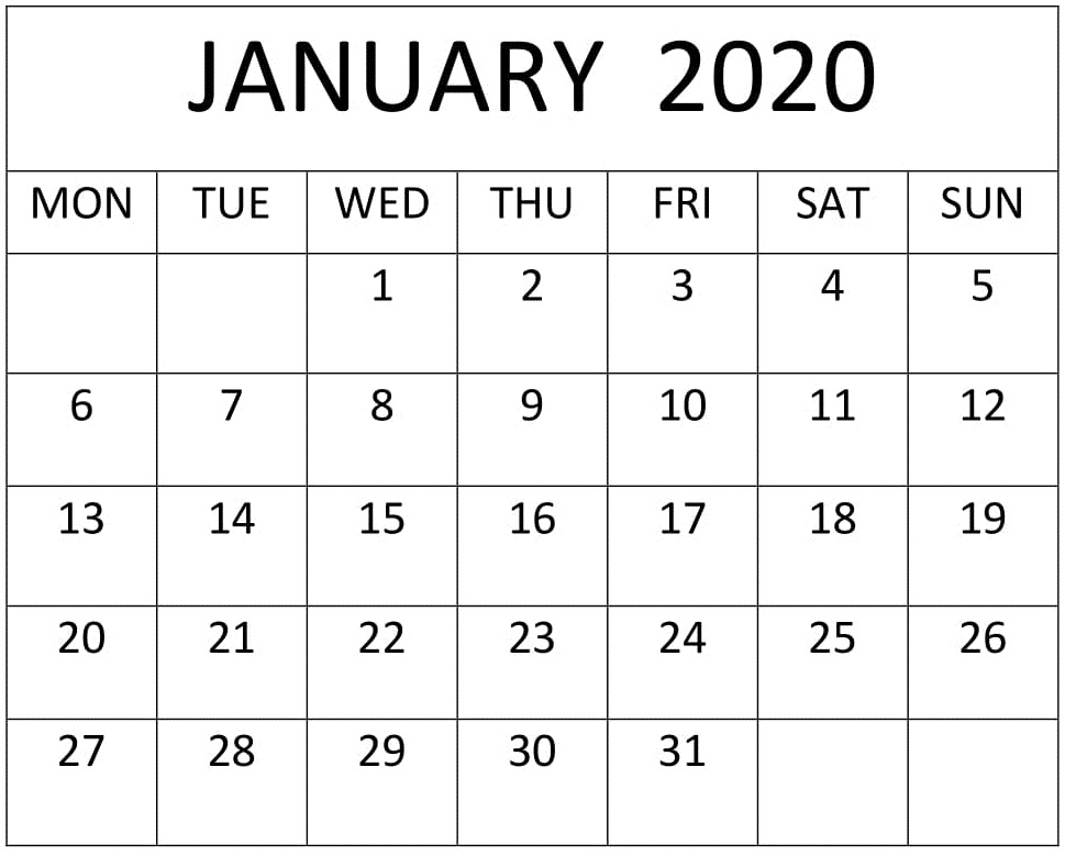 Printable Calendar January 2020