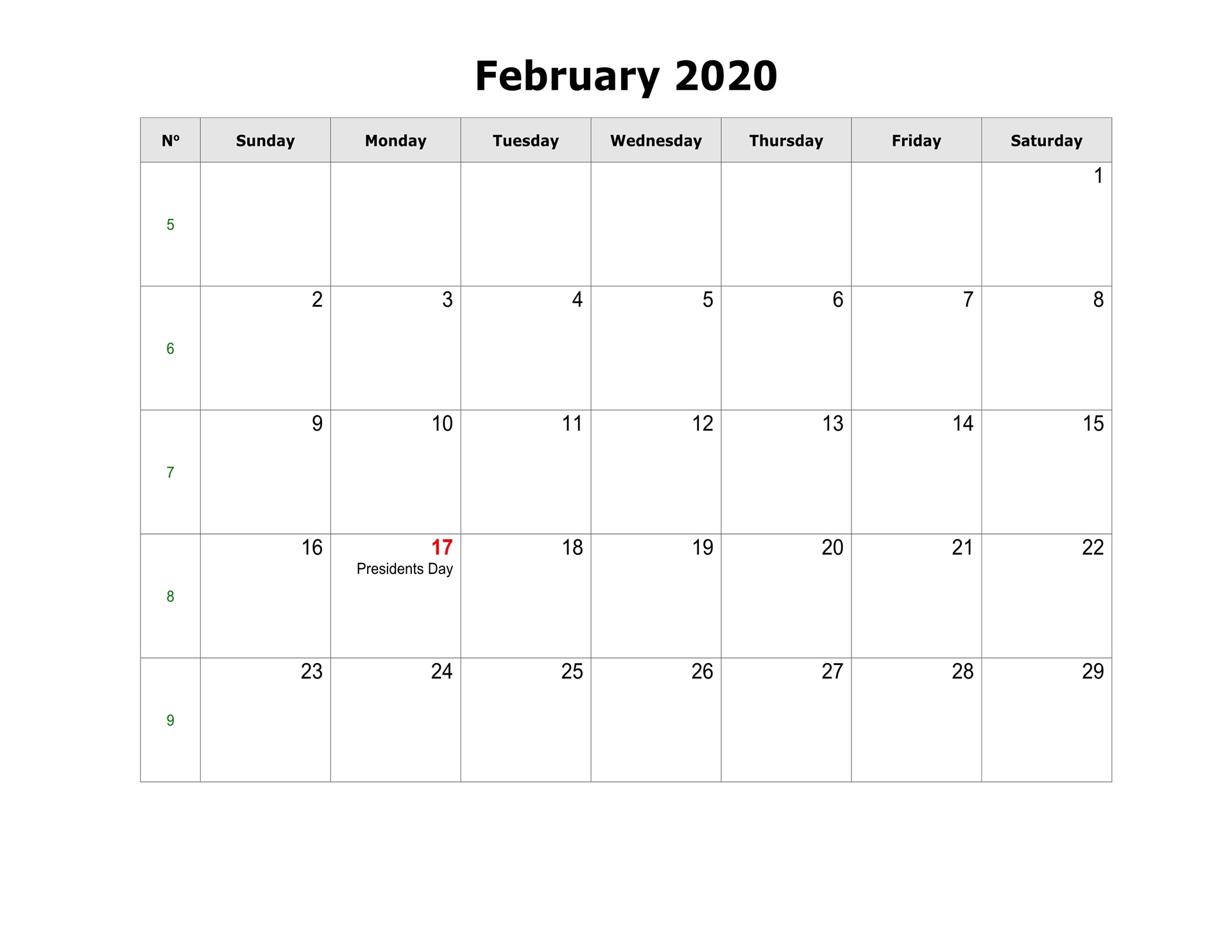 Blank Calendar 2020