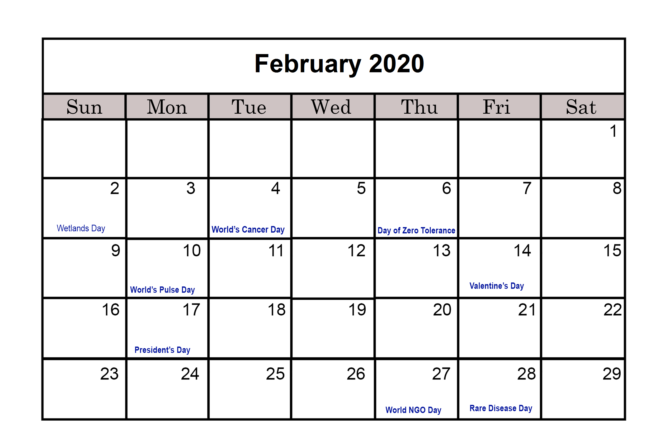 2020 Blank Calendar