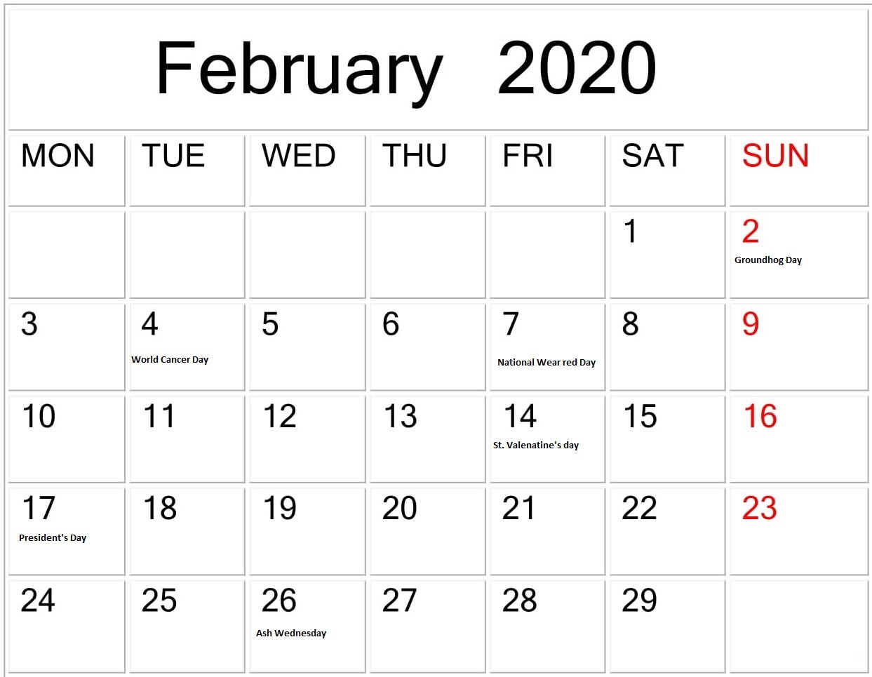 2020 Blank Calendar