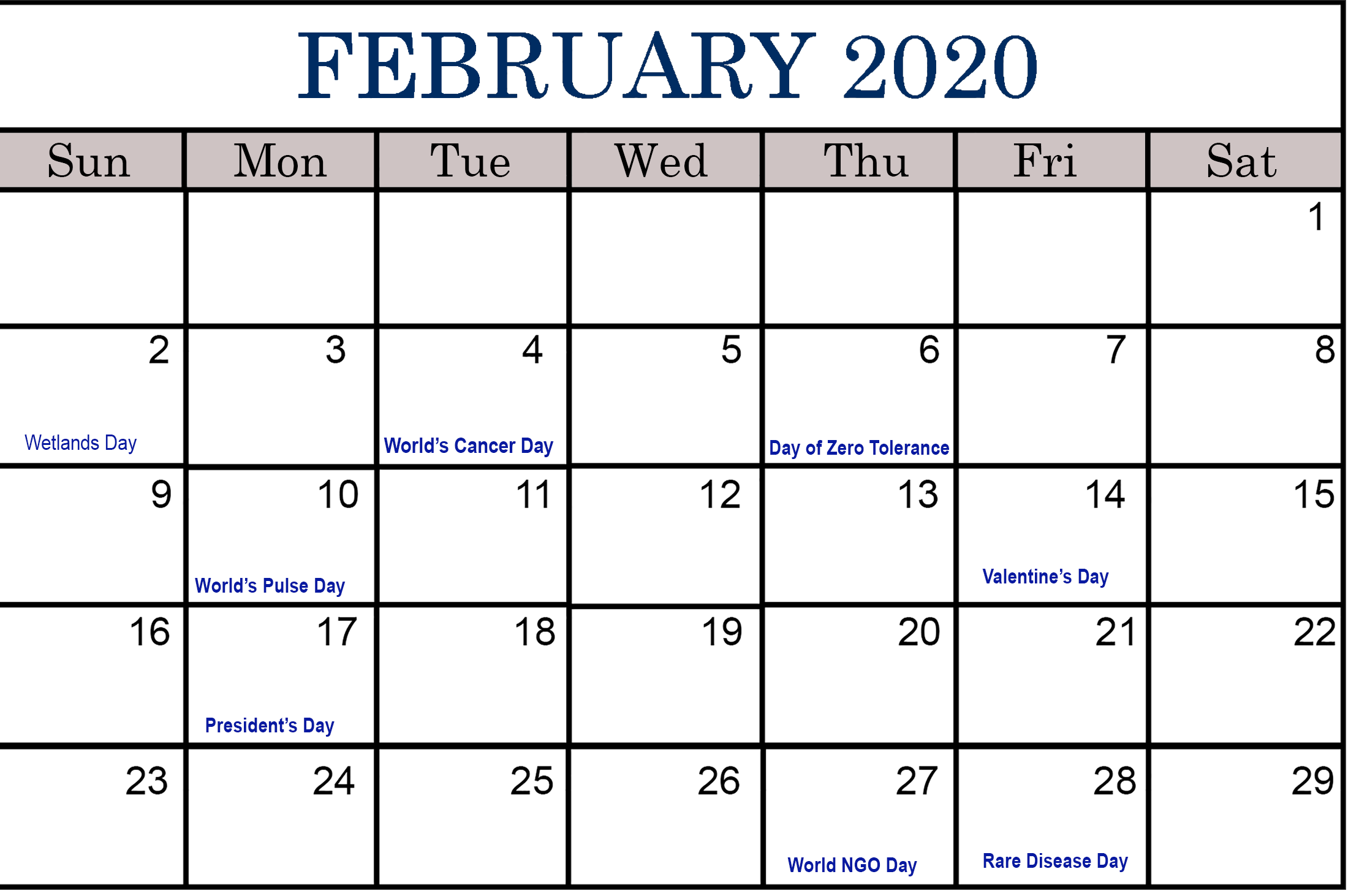 2020 Printable Calendar