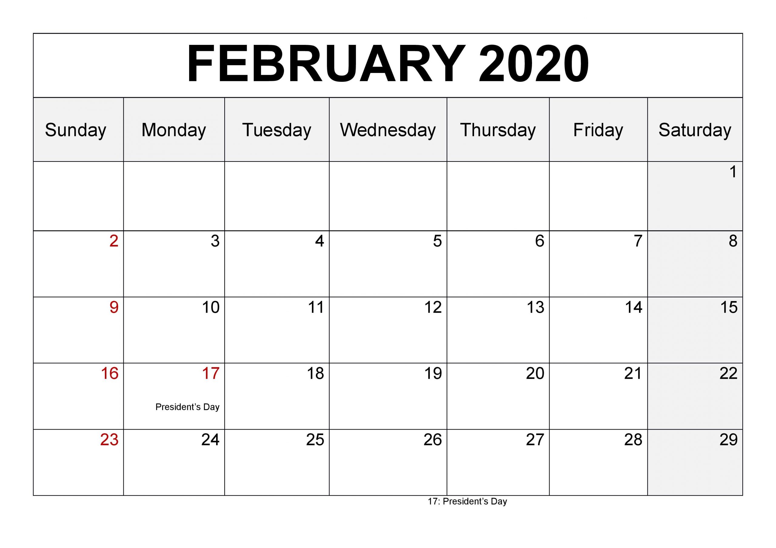 2020 Printable Calendar