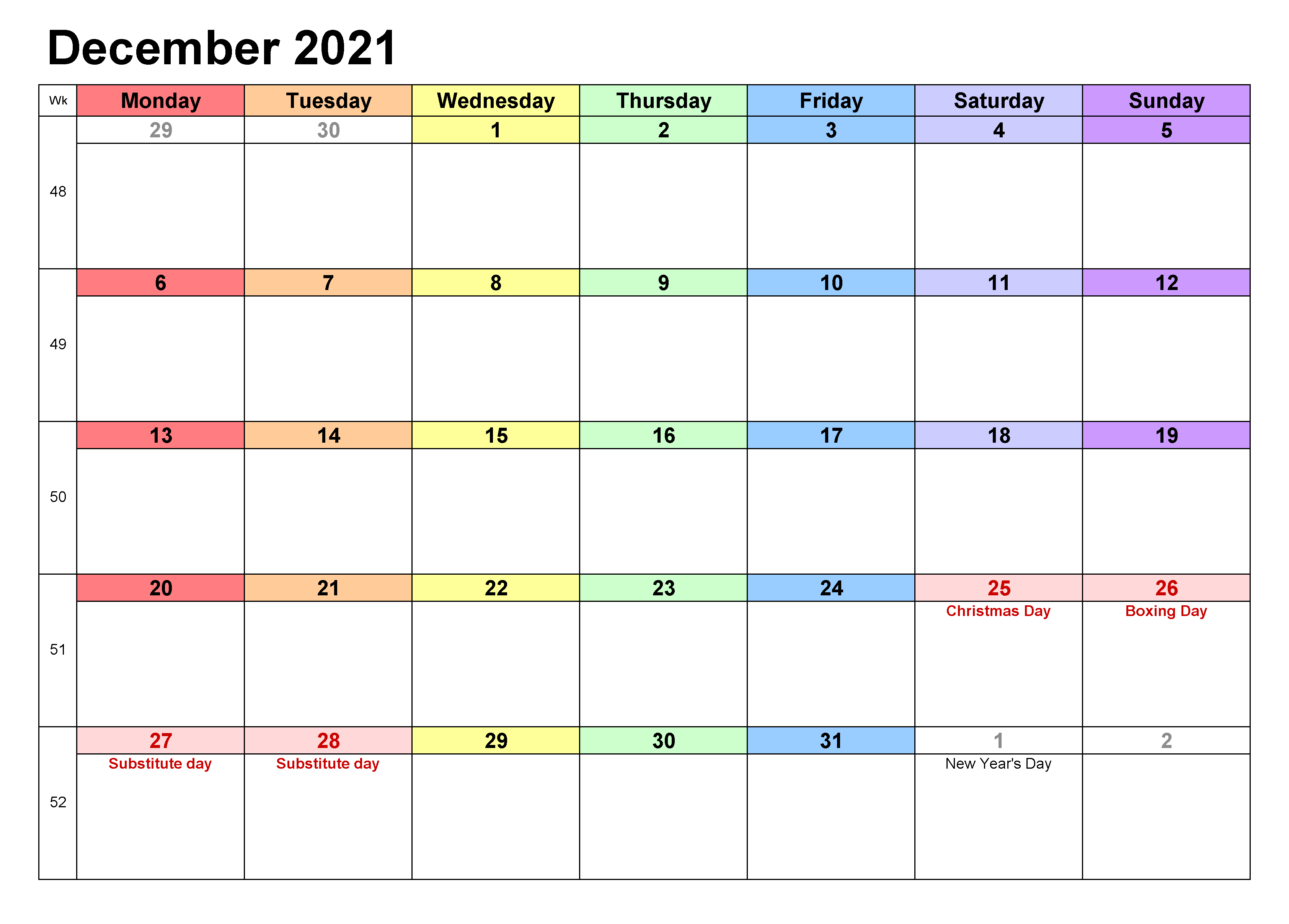 2021 December Calendar Excel