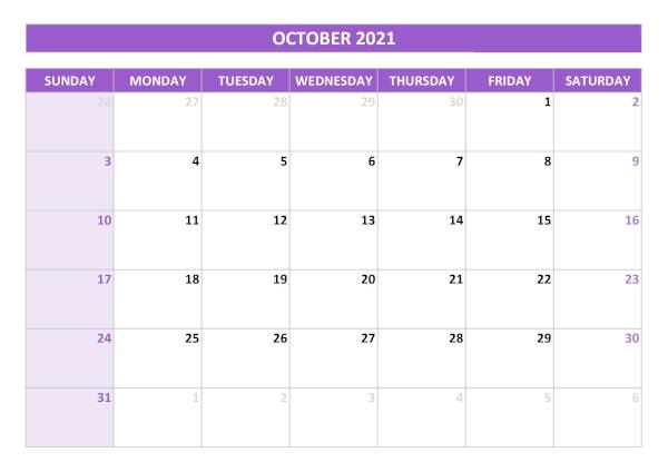 2021 October Calendar Canada