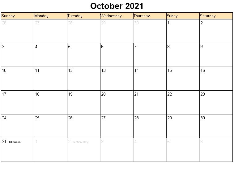 2021 October Calendar Canada