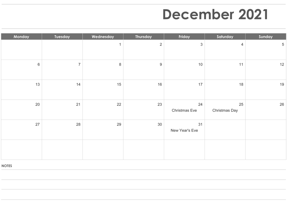 December 2021 Blank Calendar Month Template
