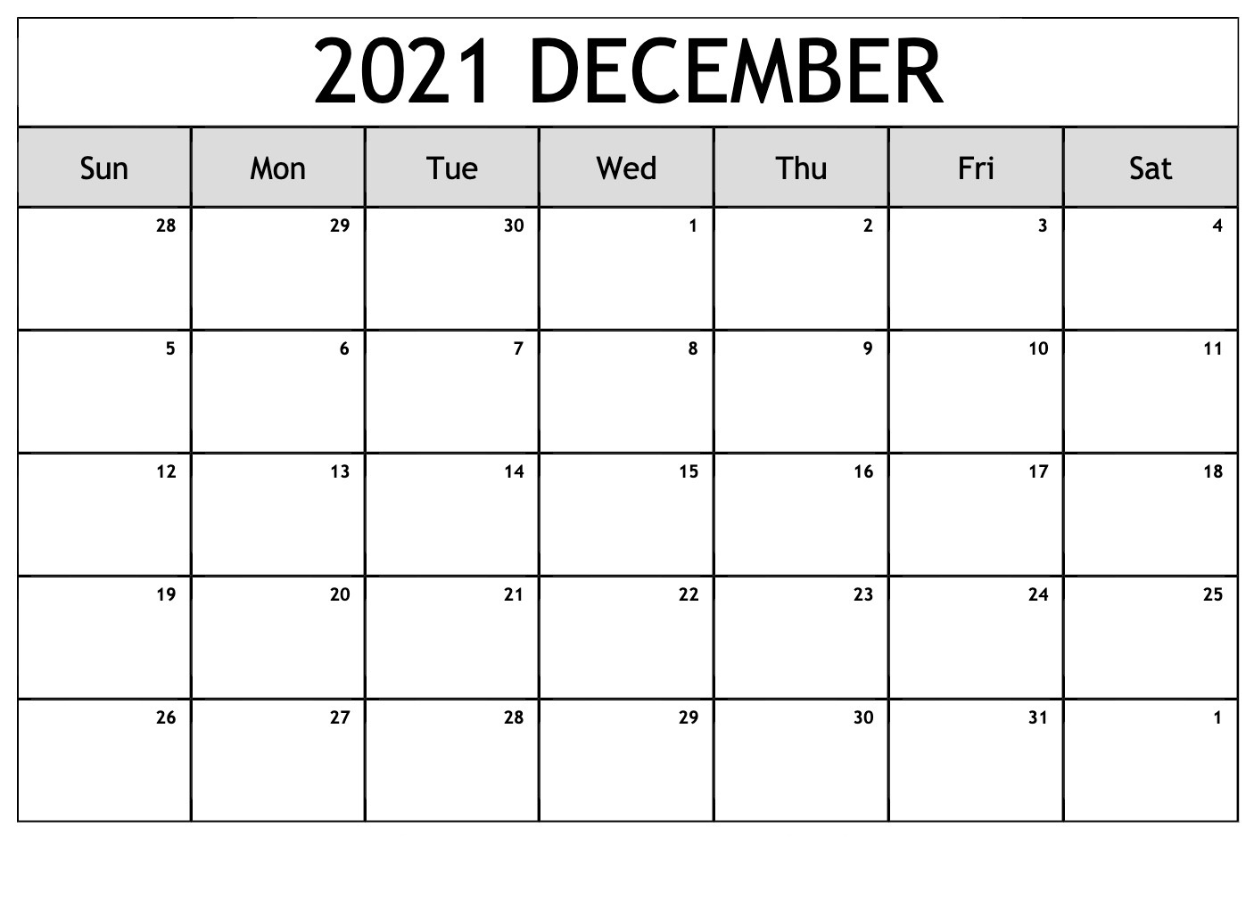 December 2021 Calendar Blank PDF