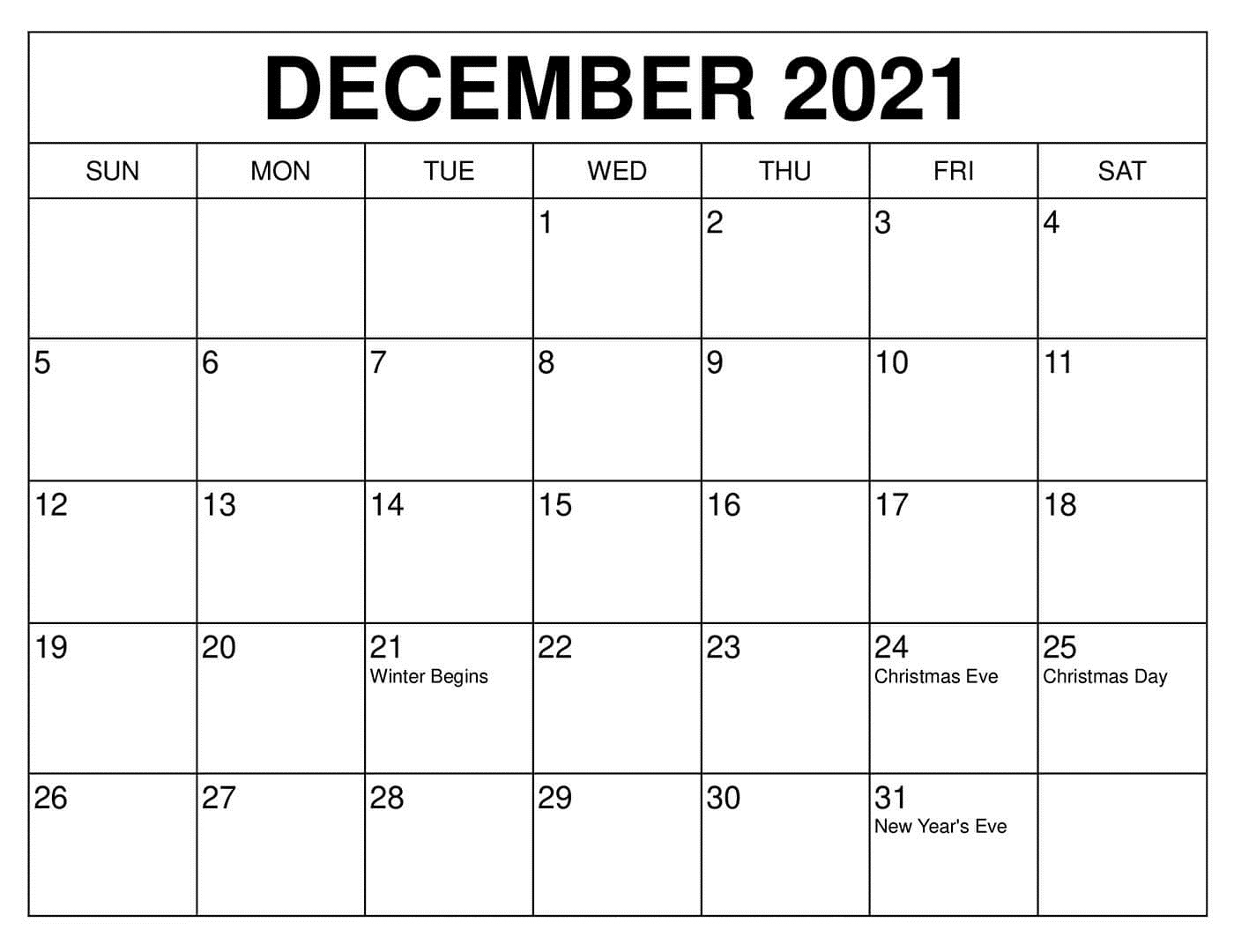 December 2021 Calendar Printable Blank Month