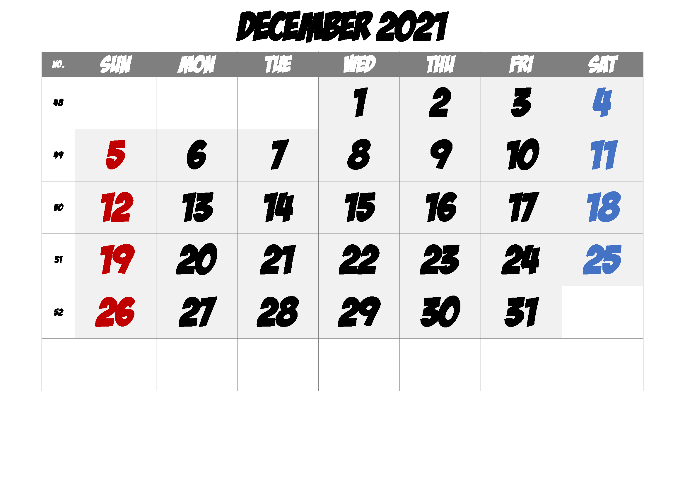 December 2021 Calendar Printable Free