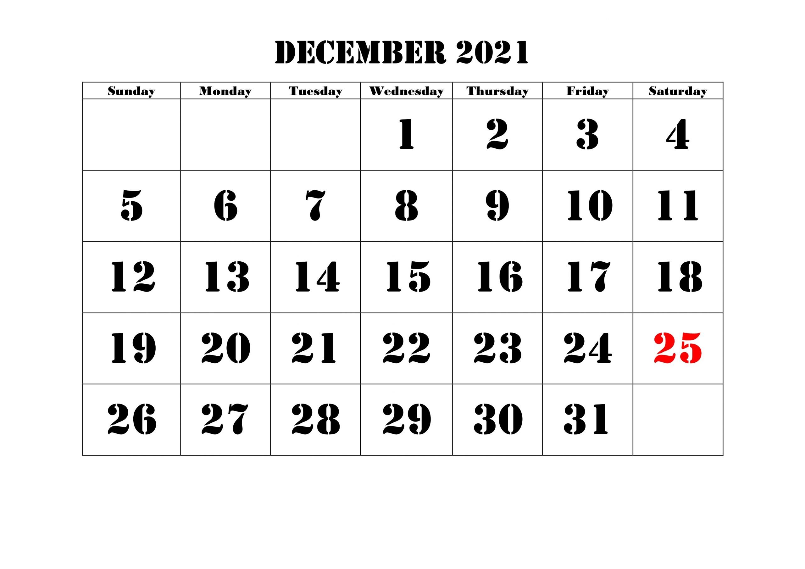 December 2021 Calendar Printable Monthly