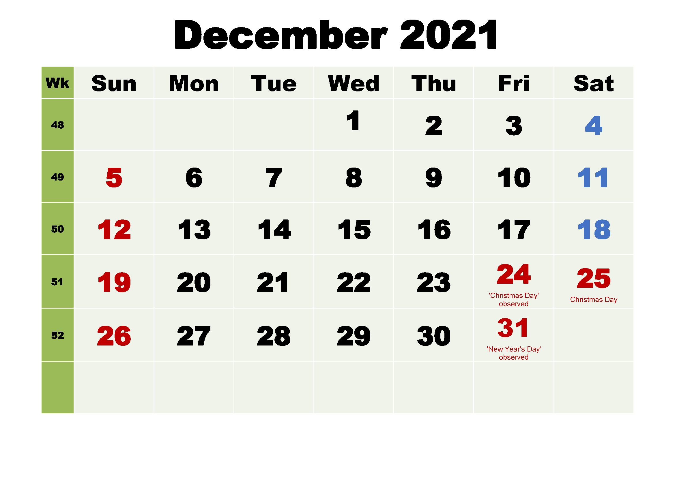December 2021 Calendar Template Roster Printable