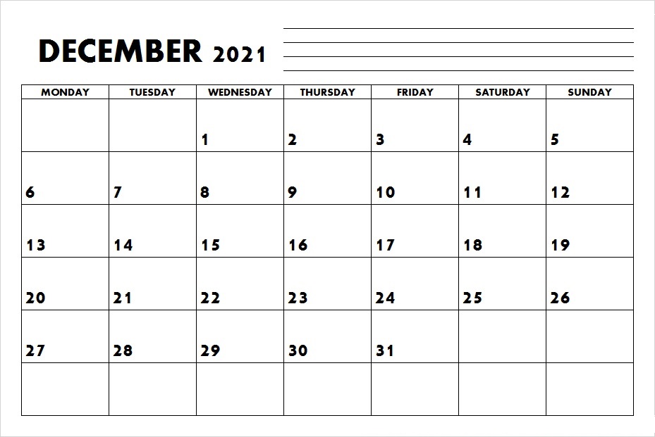 December 2021 Calendar Template for Website