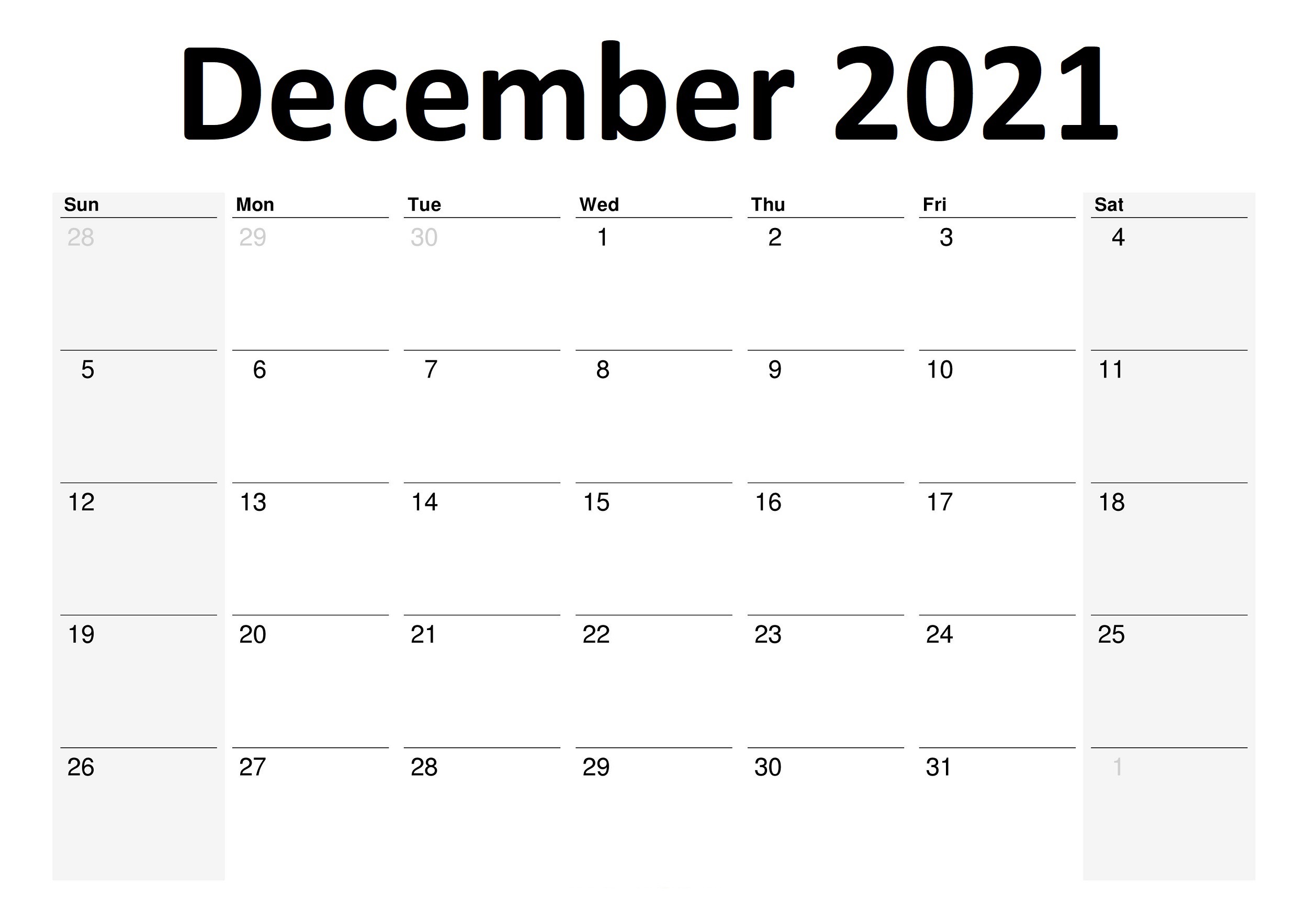 December 2021 Printable Calendar Big Boxes