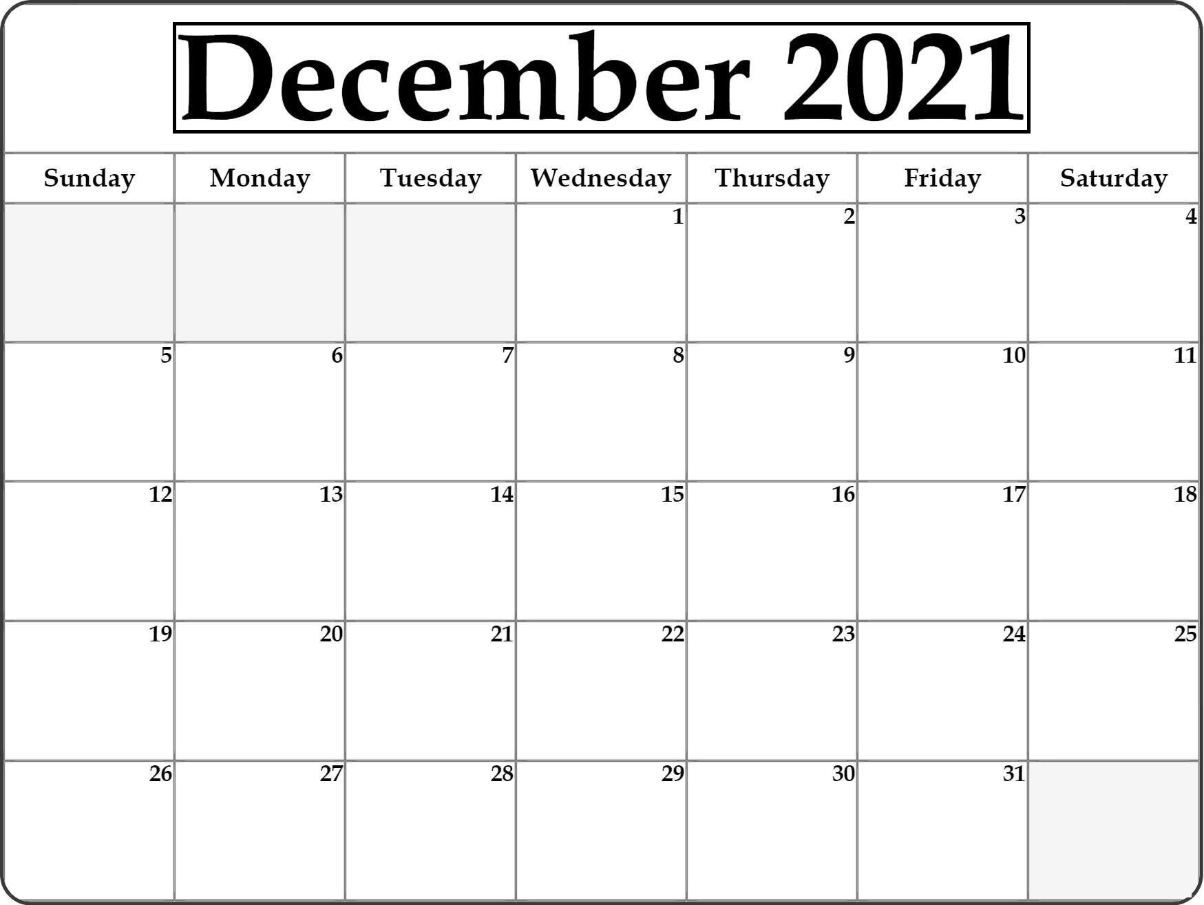 December 2021 Printable Calendar Free