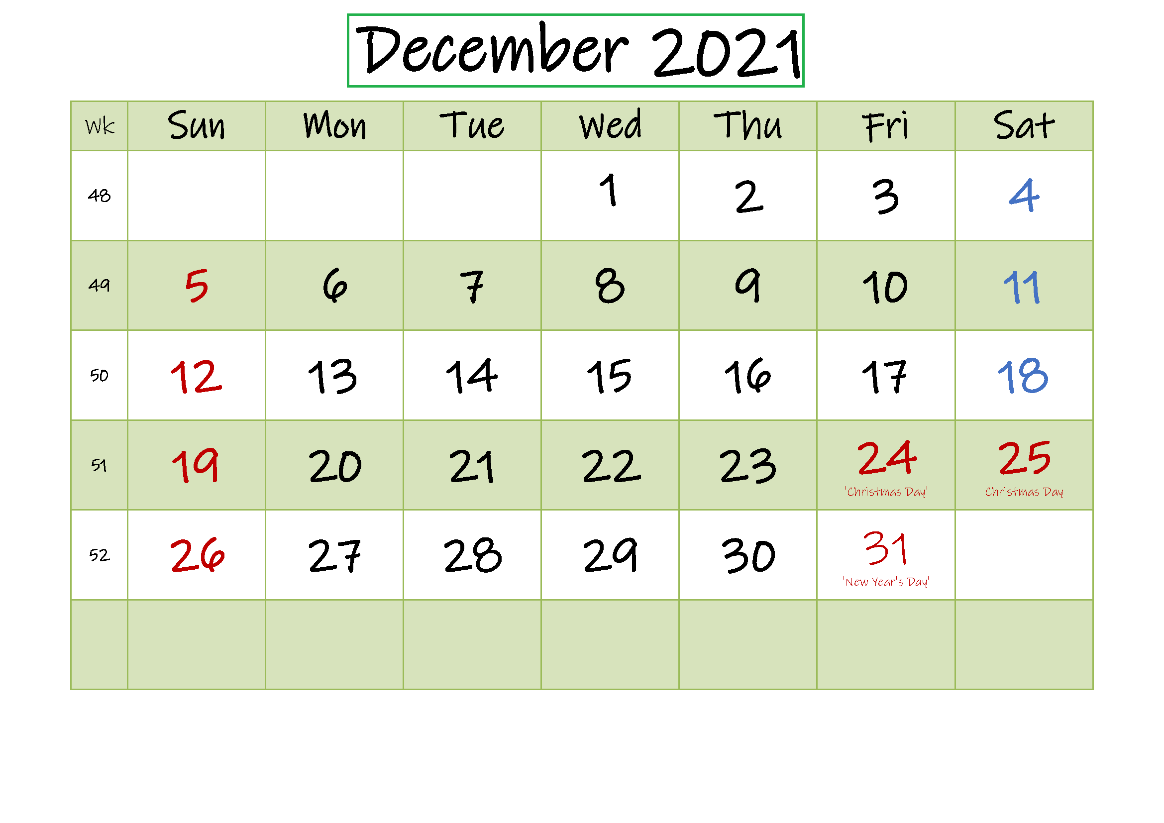 December 2021 Printable Calendar Large Print