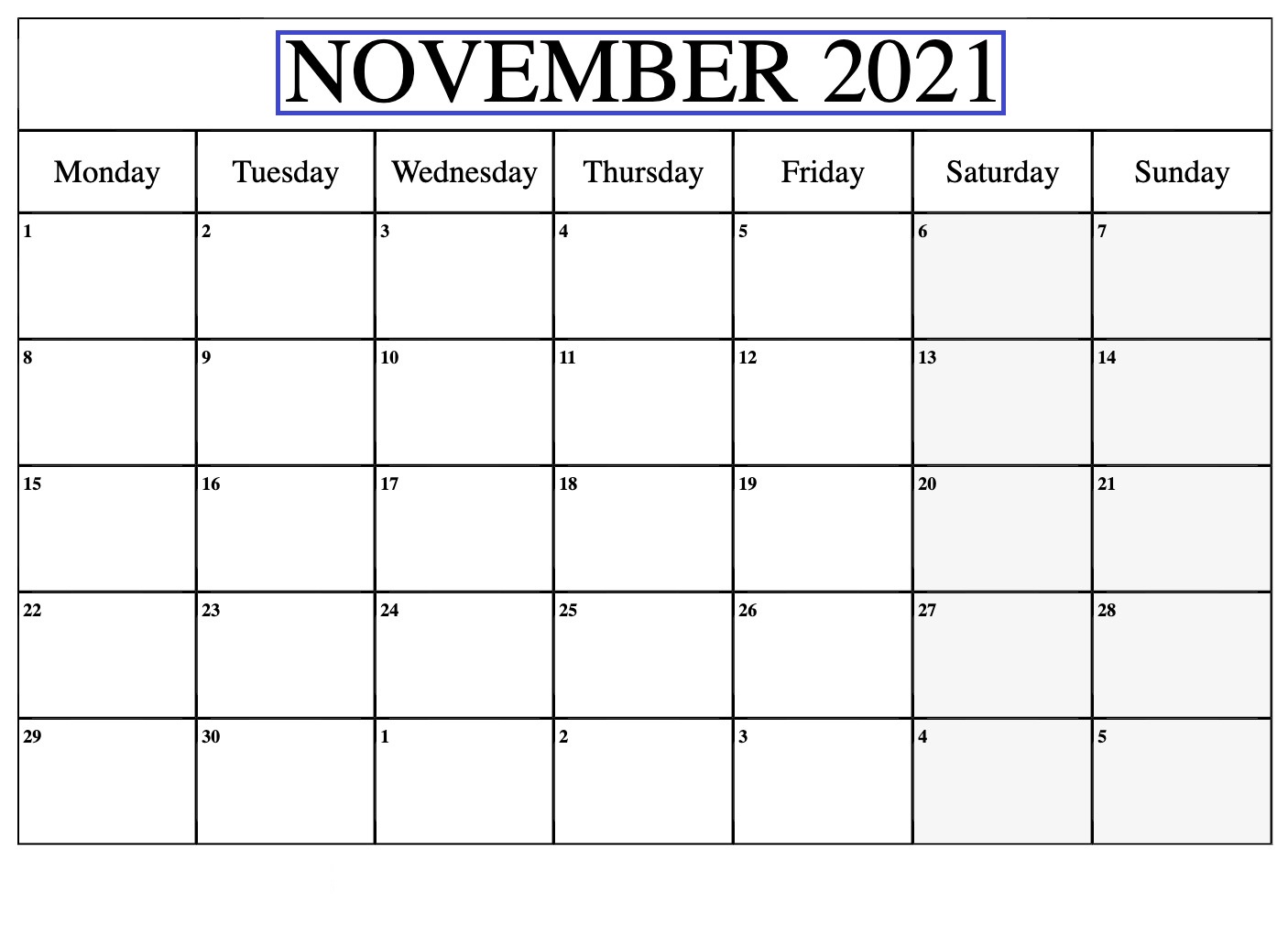 November 2021 Calendar Blank Portrait Poster