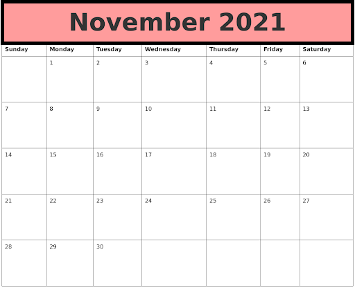 November 2021 Calendar Printable Monthly Online PDF