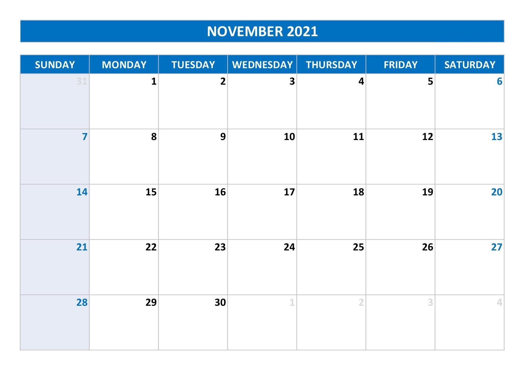 November 2021 Calendar Template Design for PPT