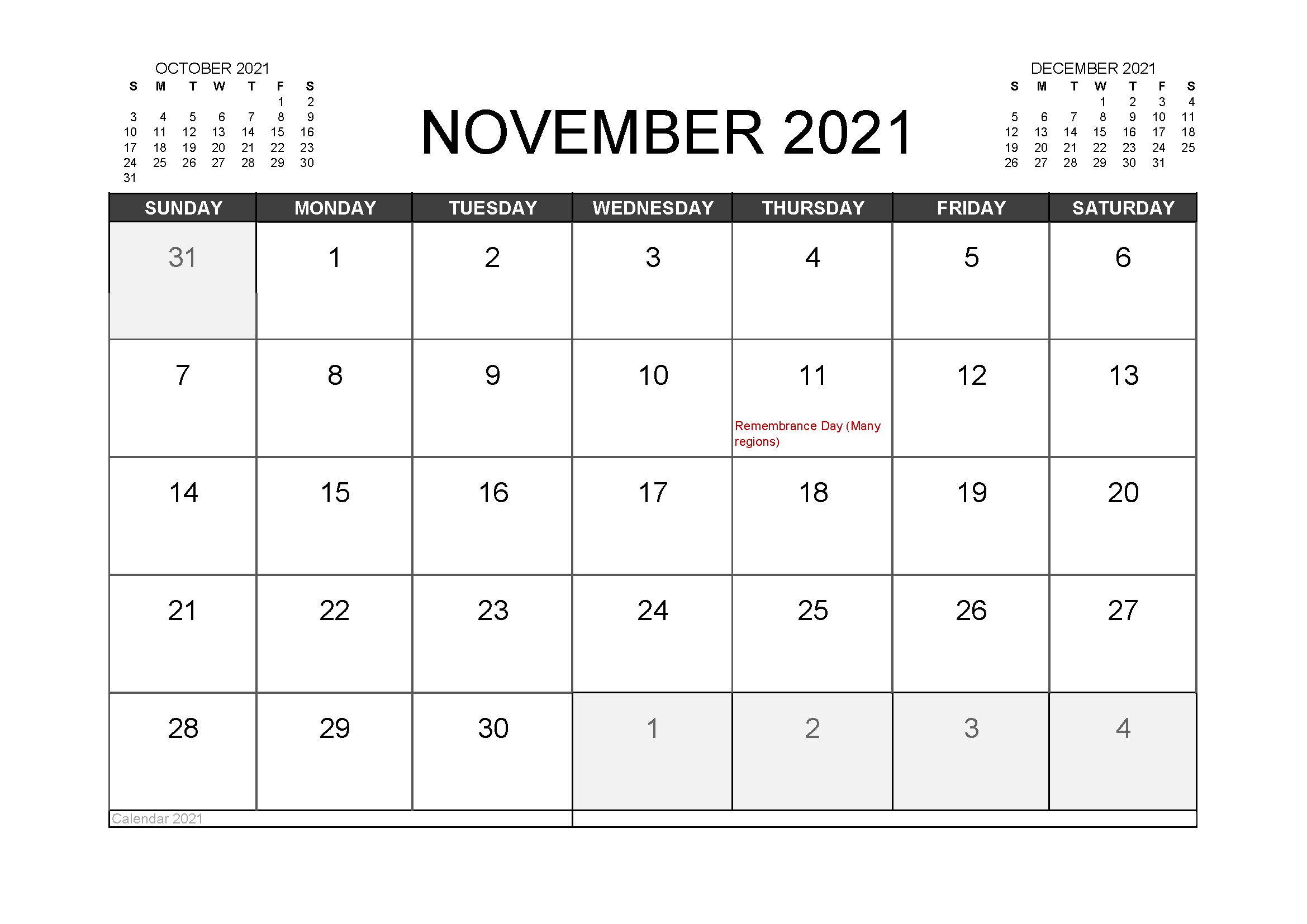 November 2021 Calendar Template Empty Evernote