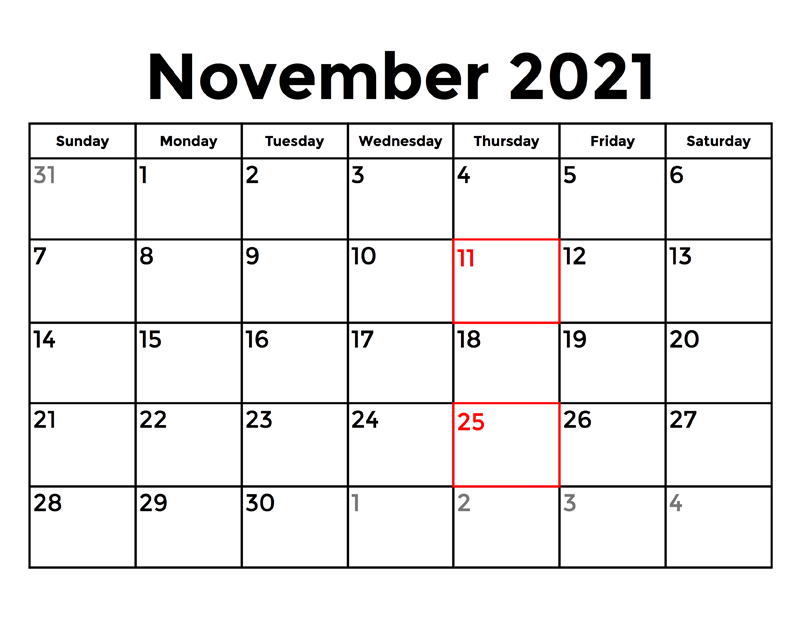 November 2021 Calendar With Holidays Canada
