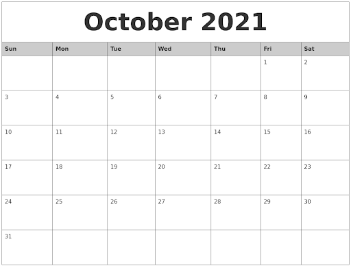 October 2021 Blank Calendar Excel Template