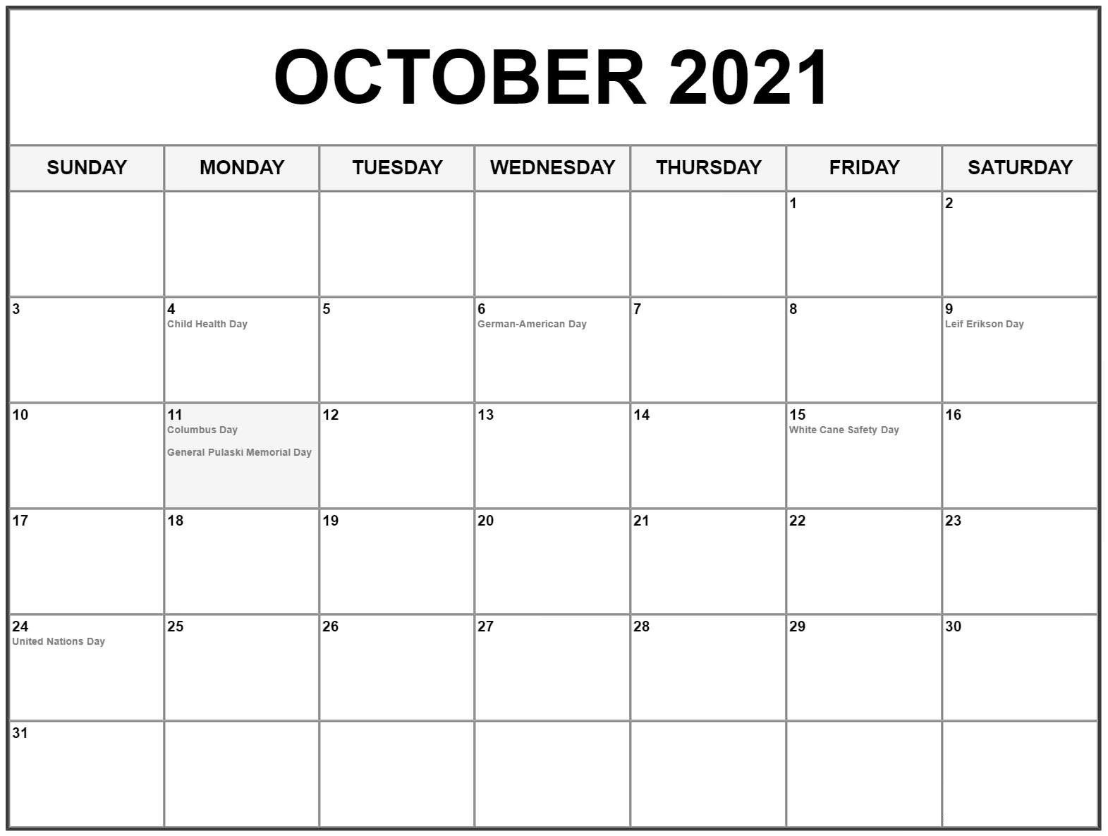 October 2021 Blank Calendar Colorful Chart