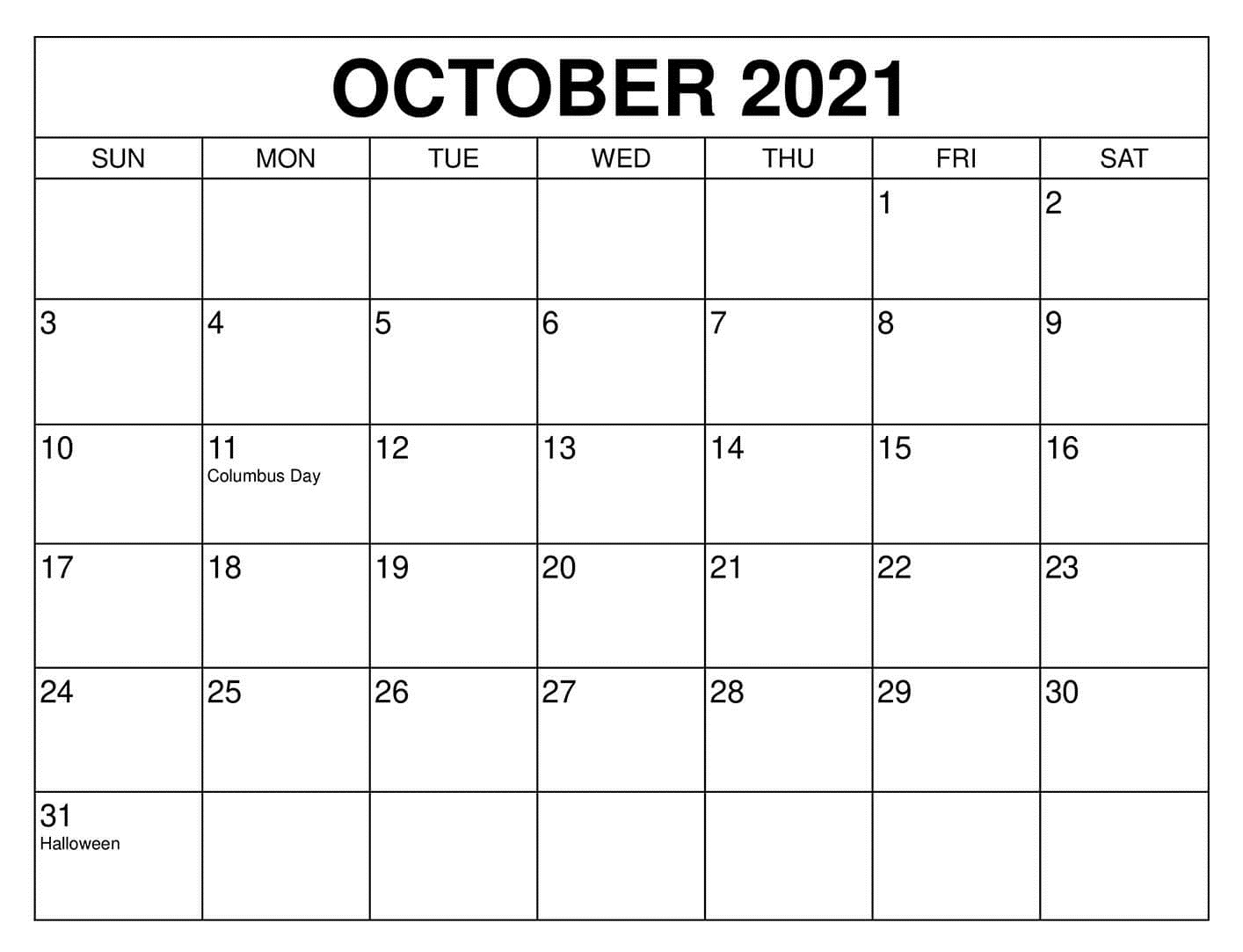 October 2021 Blank Calendar Printable Wiki