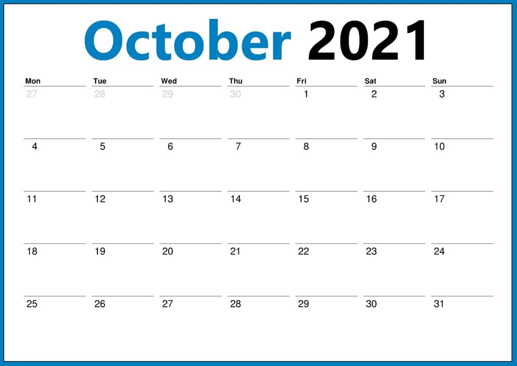 October 2021 Calendar Blank Cute Boxes