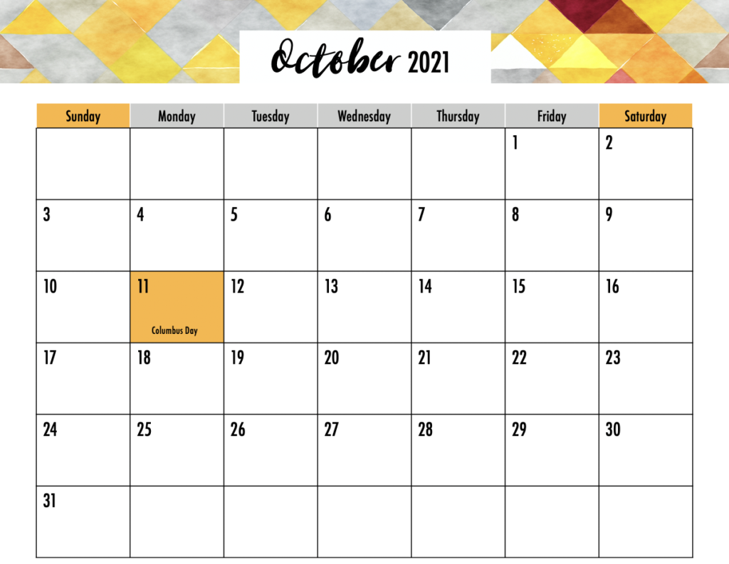 October 2021 Calendar Blank Half Page