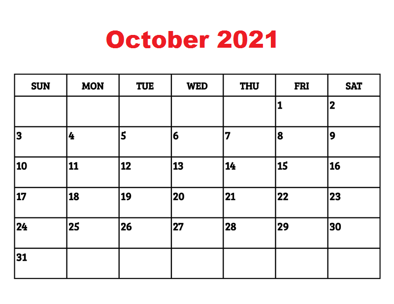 October 2021 Calendar Blank Landscape Large Sqaure