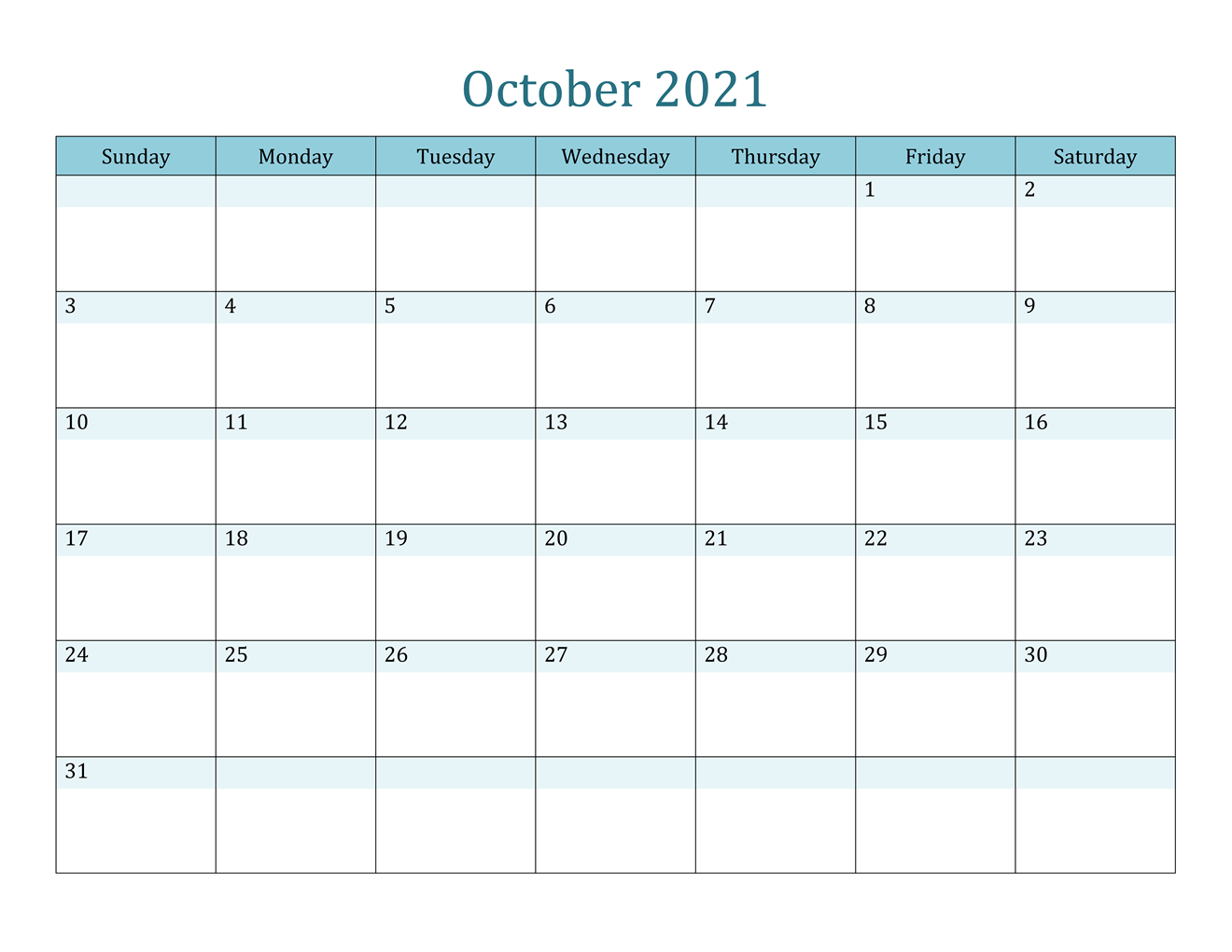 October 2021 Calendar Blank Portrait Orientation
