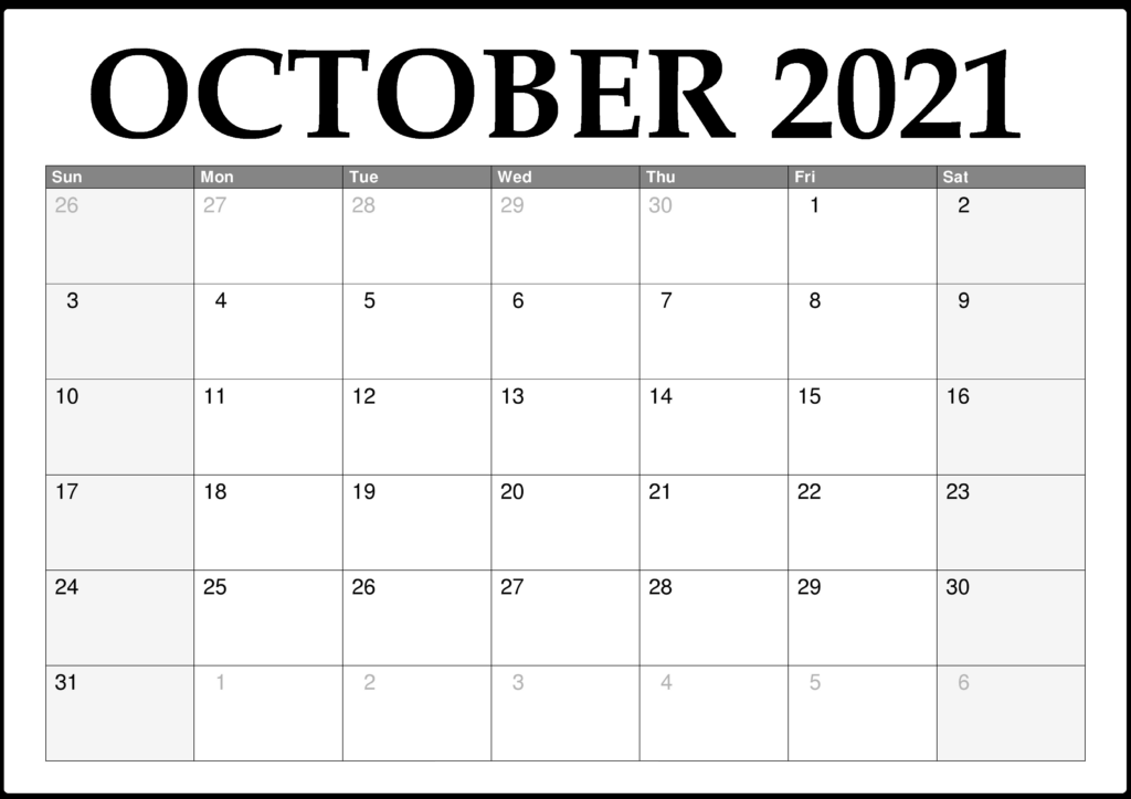 October 2021 Calendar Printable Free