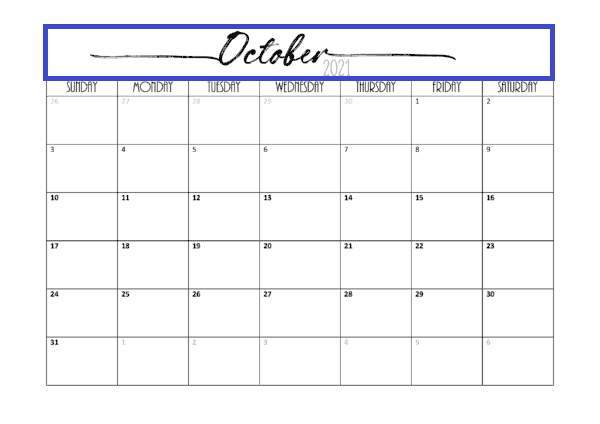 October 2021 Calendar Printable Landscape List