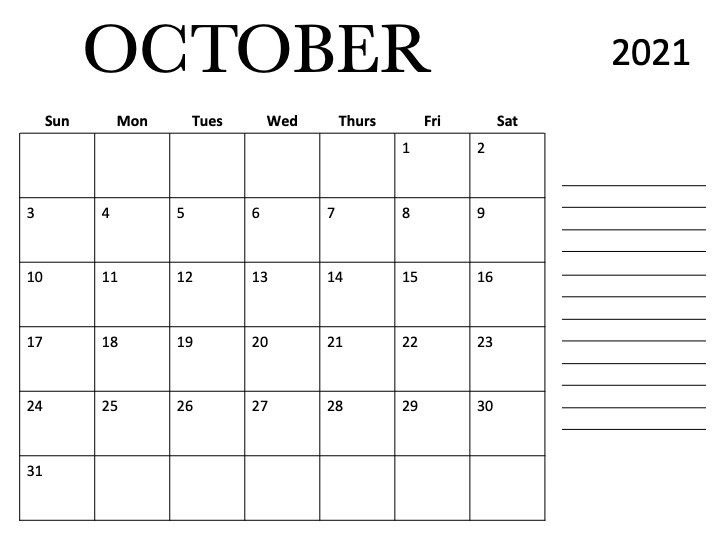 October 2021 Calendar Template in Html Word