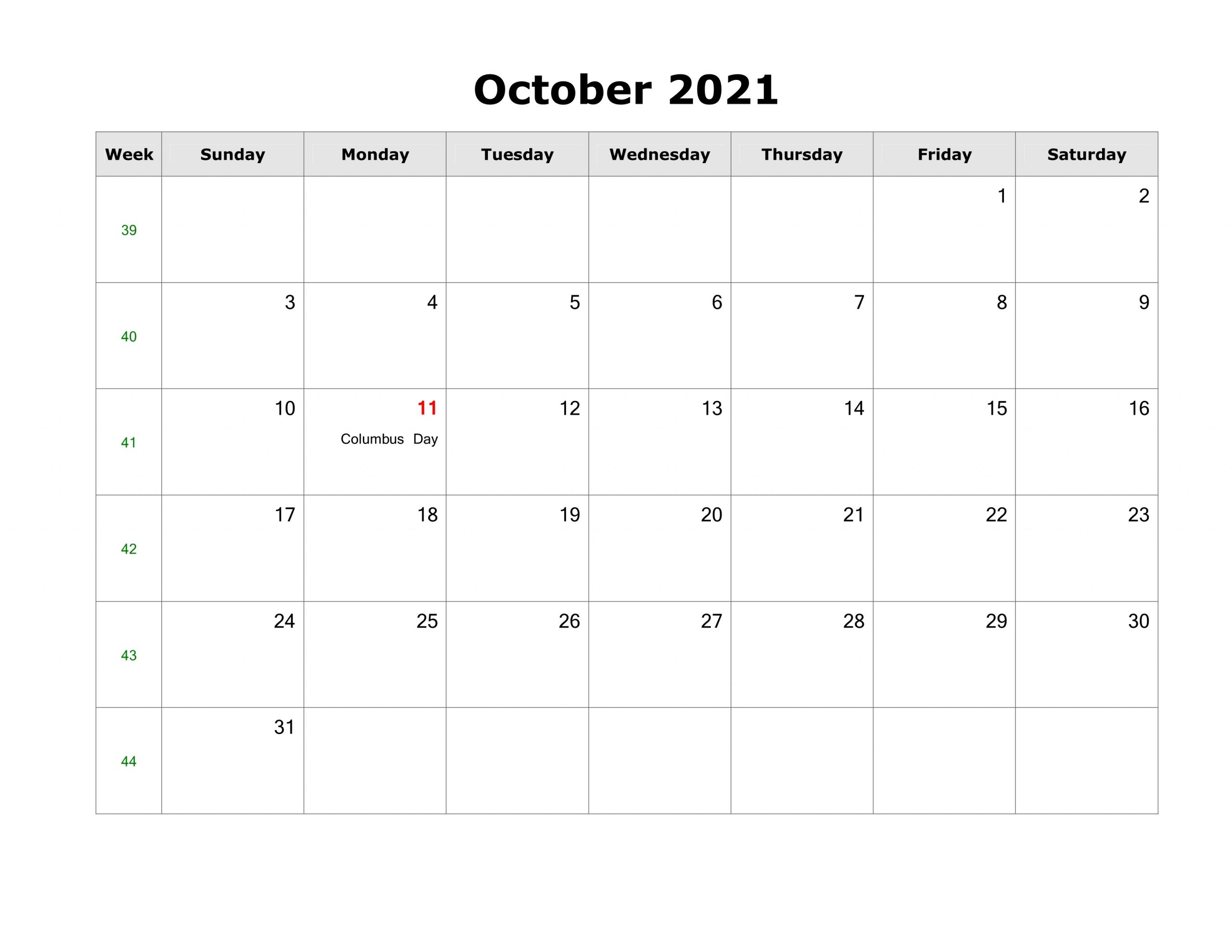 October 2021 Printable Calendar Specific Dates