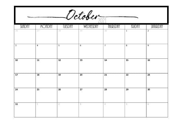 October Calendar 2021 Australia