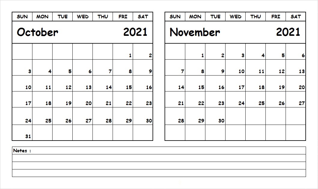 October Calendar 2021 With Notes
