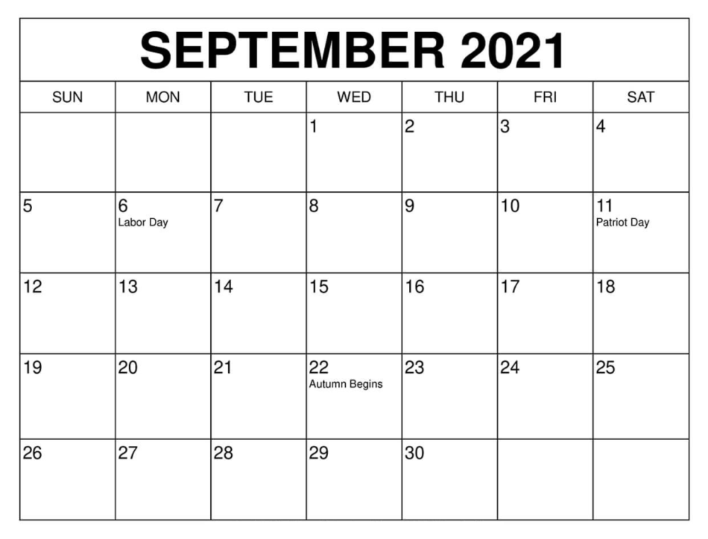 September 2021 Blank Calendar Boxes