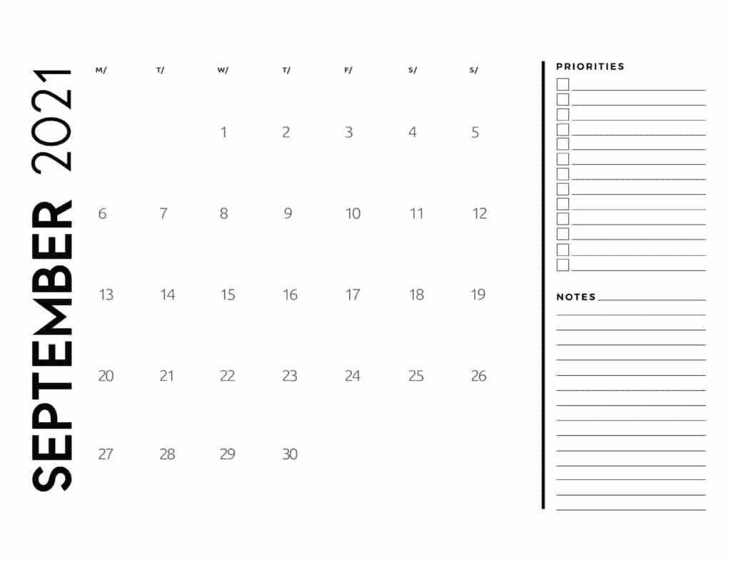 September 2021 Calendar Printable Hourly