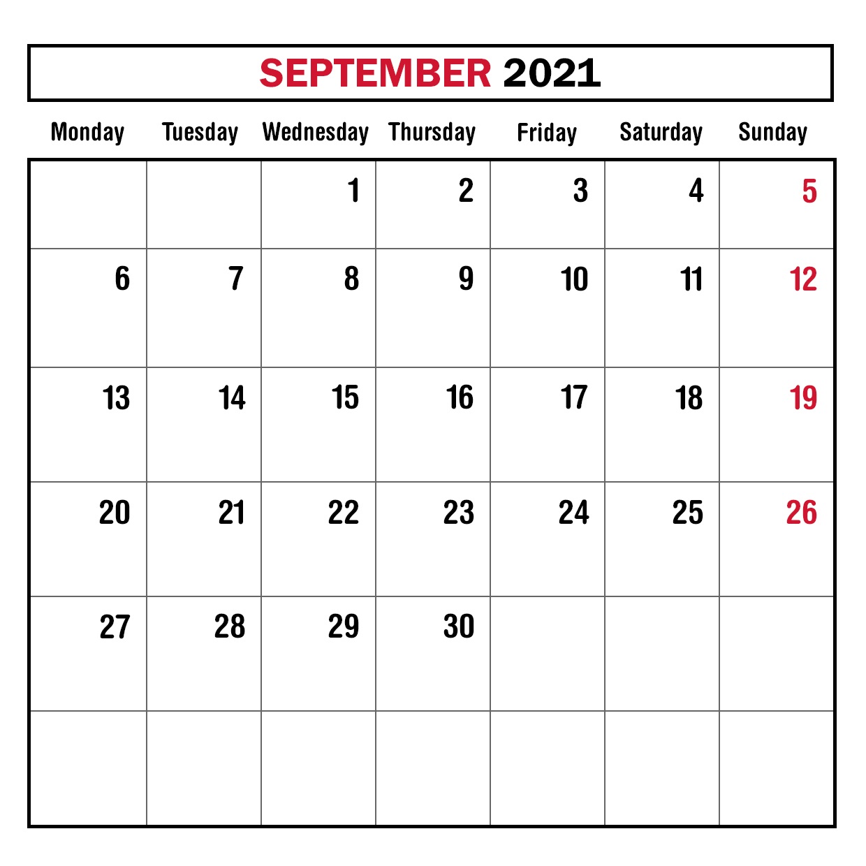September 2021 Calendar Template for Google Sheets